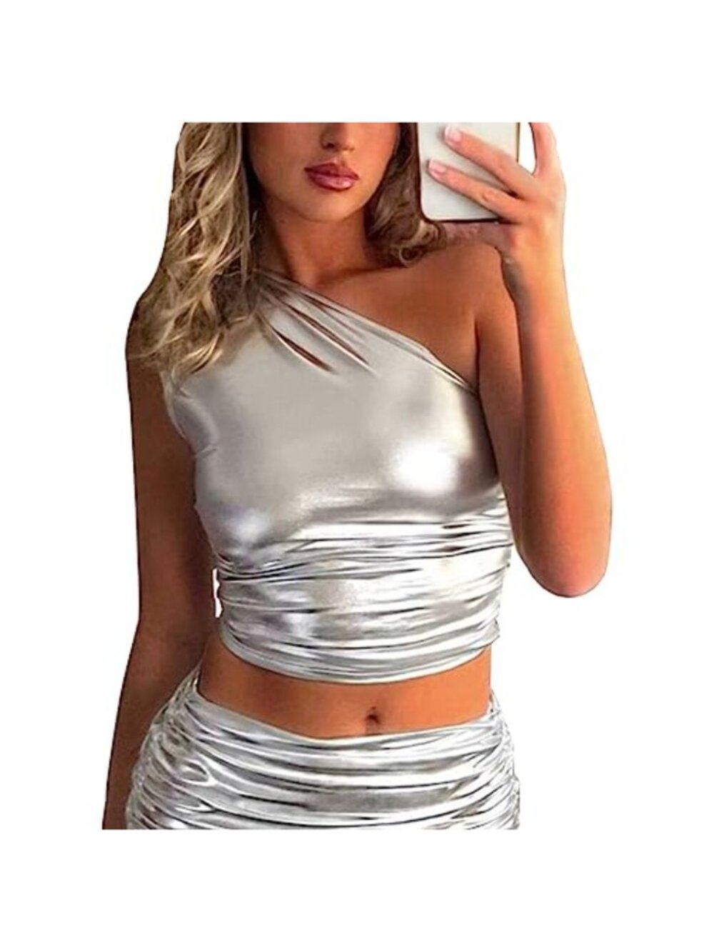 One Shoulder Crop Tank Top Shiny Metallic Ruched Sleeveless Cut Out Party